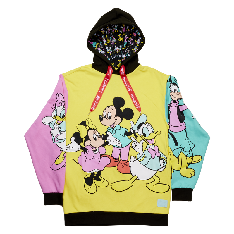 Image of our color block style Loungefly Disney100 Mickey & Friends Classic Color Block Unisex Hoodie against a white background 